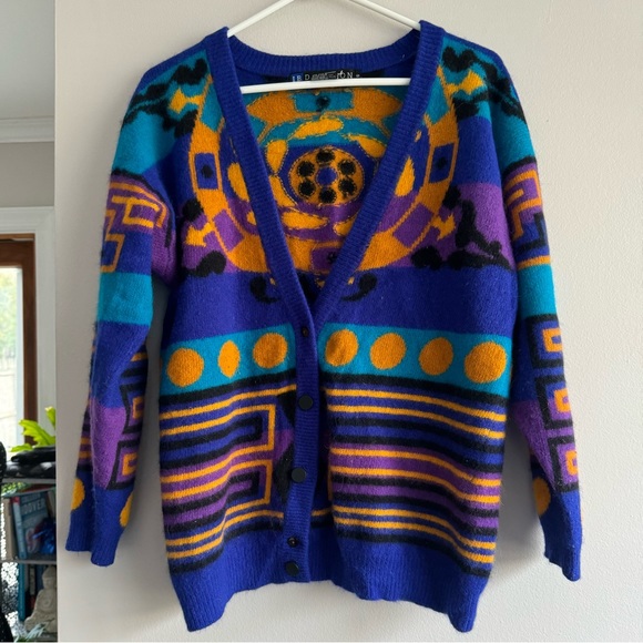L vintage I.B. Diffusion 90s Bold Abstract Oversized Wool Cardigan Sweater Y2K - Picture 1 of 5